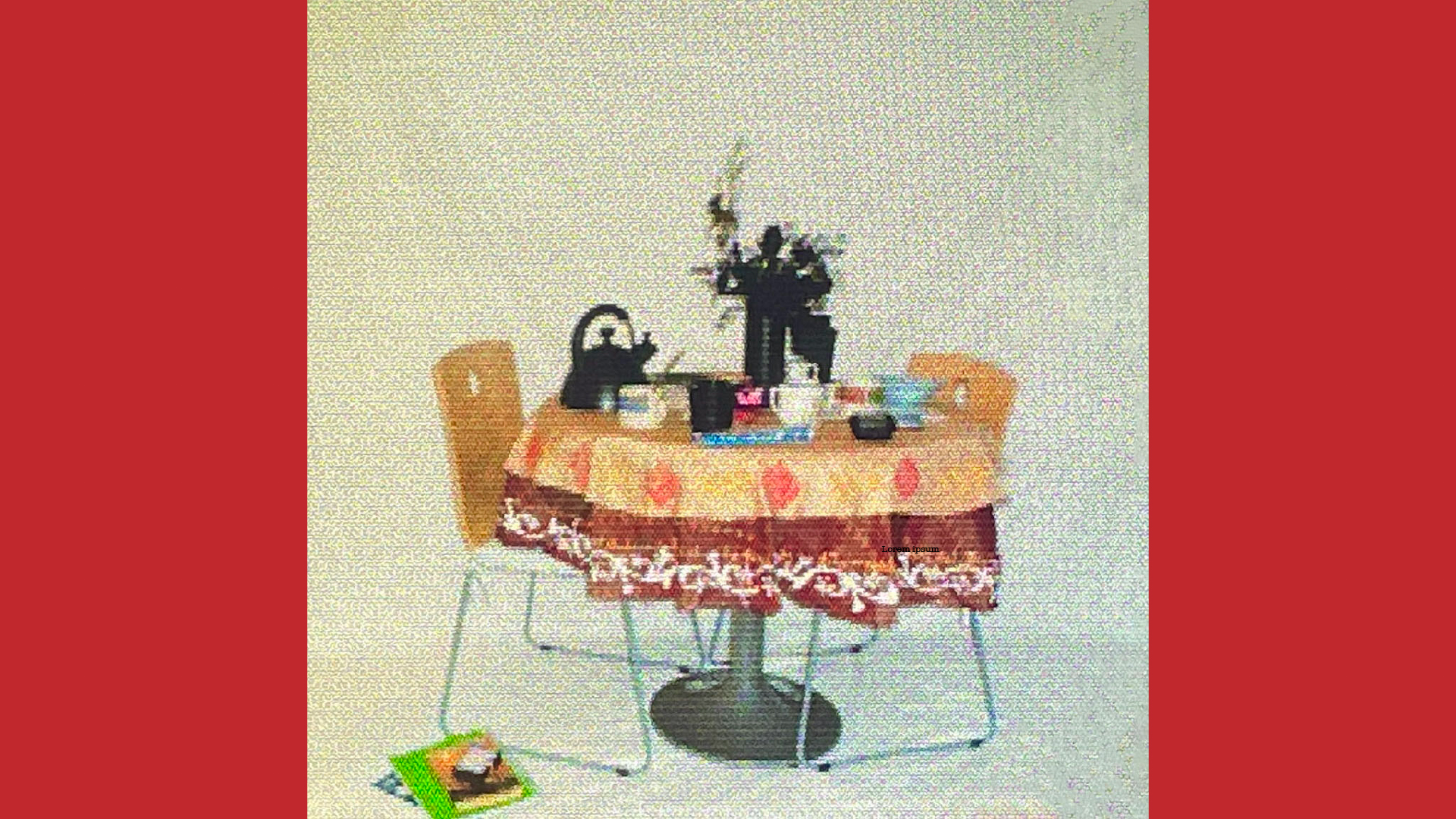 a textile texture with imagery of a round table with assorted homeware, a vase in the middle with black flowers, with two chairs on the side.